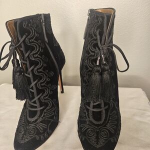 Aquazzura Black Embroidered Tassel Ankle Boots